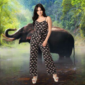 Unique Vintage Sleeveless Jumpsuit Elephant Printed Wide Leg Pullover Pockets 3X